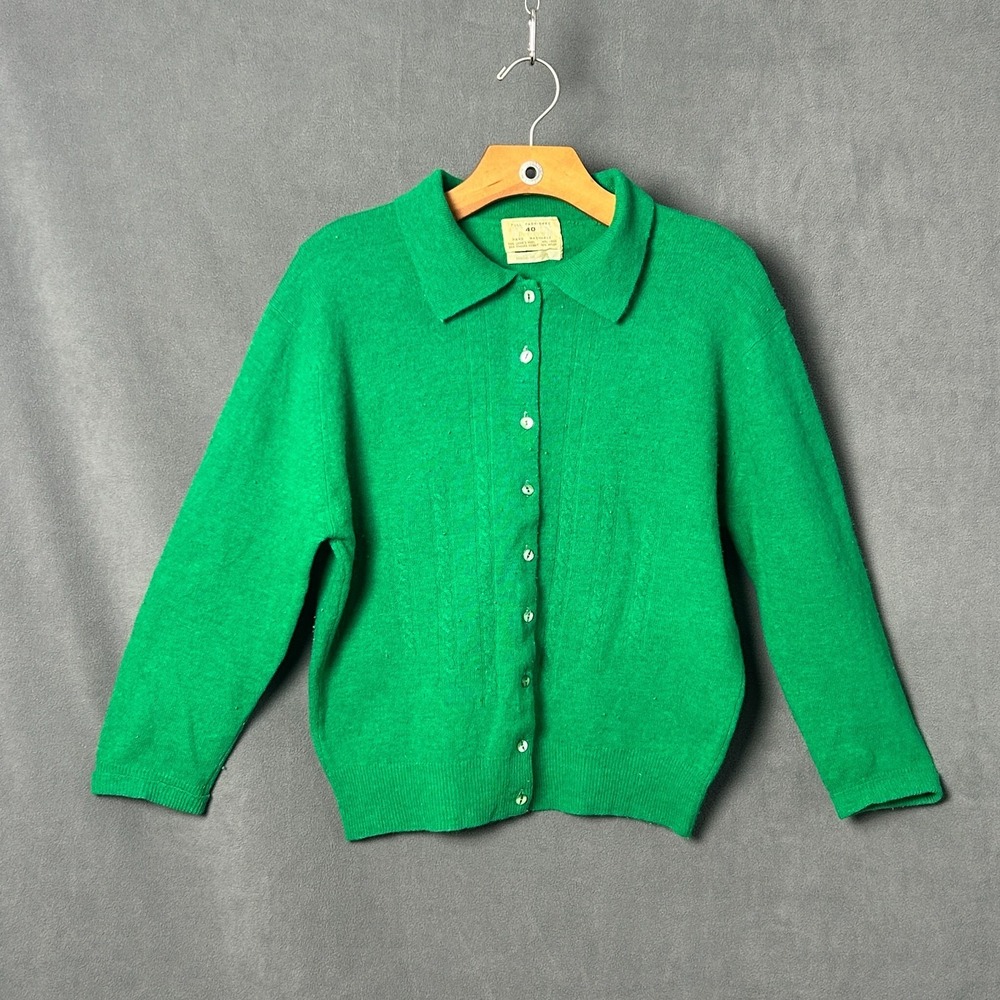 Vtg 50s 60s Penneys Full Fashioned Green Lambswool Cardigan Sweater Japan 38